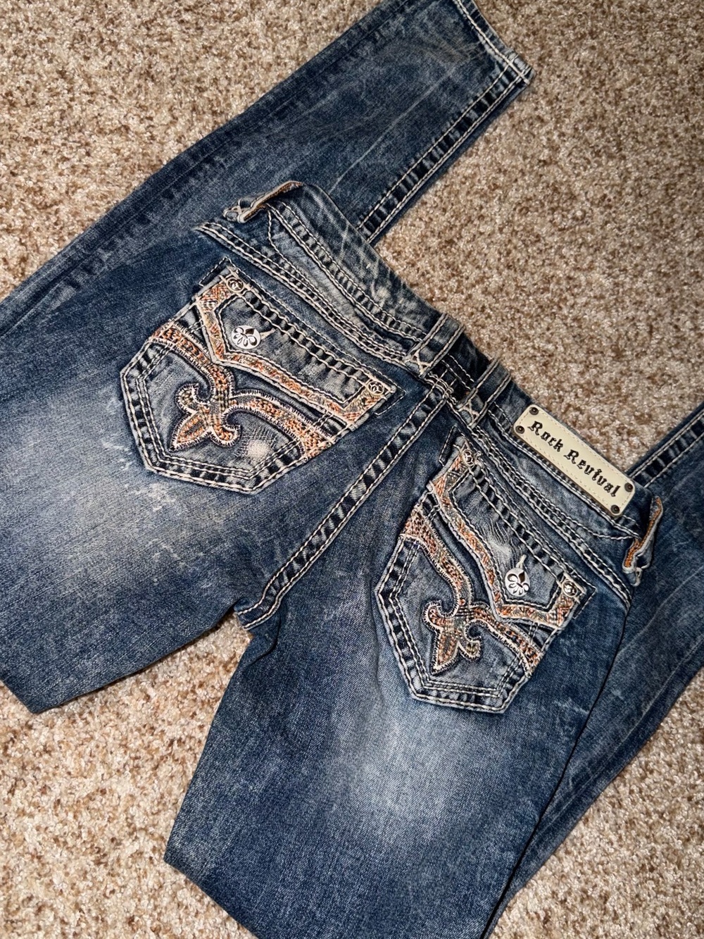 Rock Revival Women's Blue Distressed Embroidered Pocket skinny Jeans